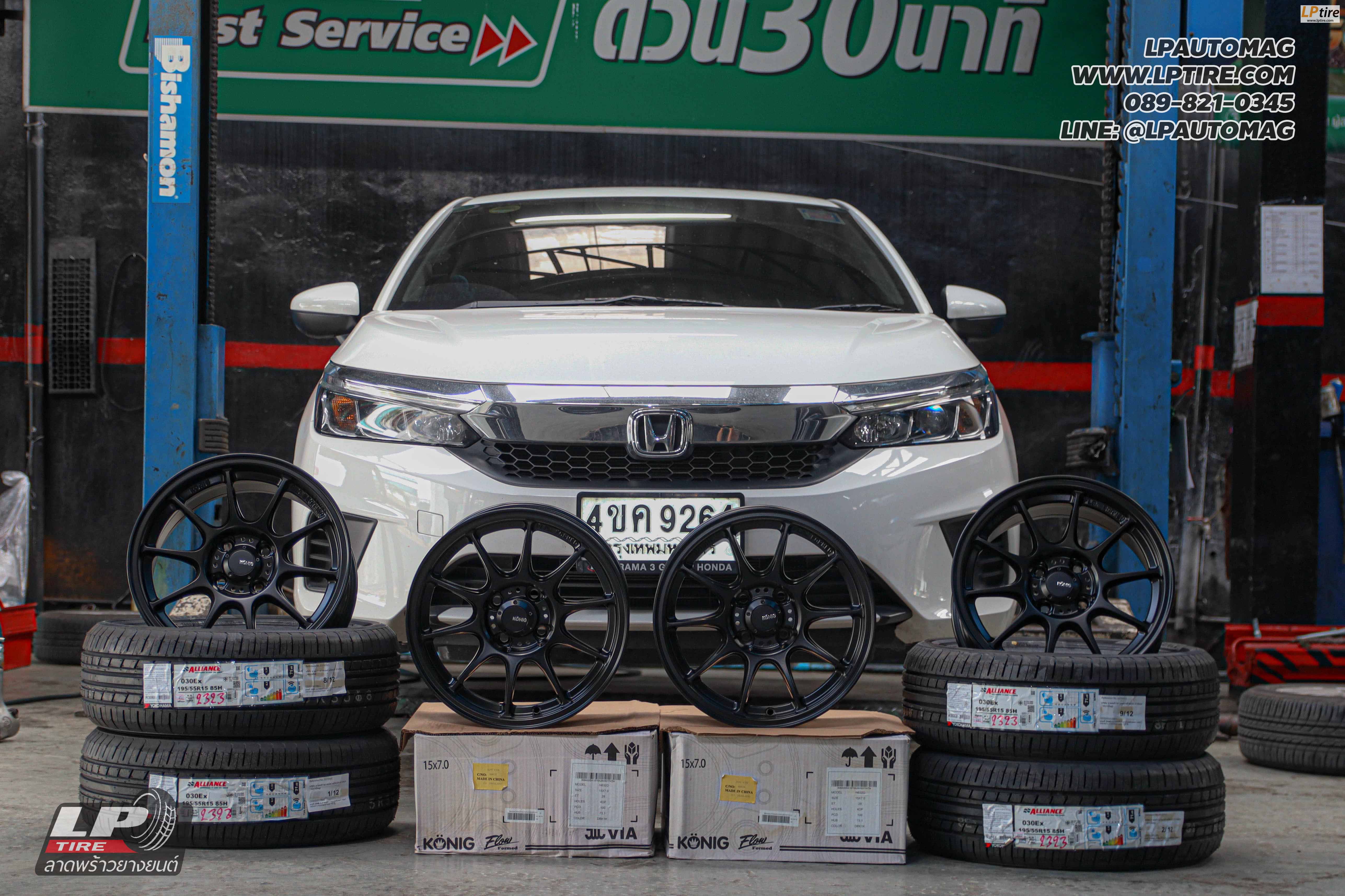 รถ -HONDA CITY ล้อแม็ก - KONIG N632 Dekagram FlowForming ดำด้าน สเปค - 15x7 ET28 4x100 ยาง - ALLIANCE AL30 030Ex เบอร์ -195/55-15