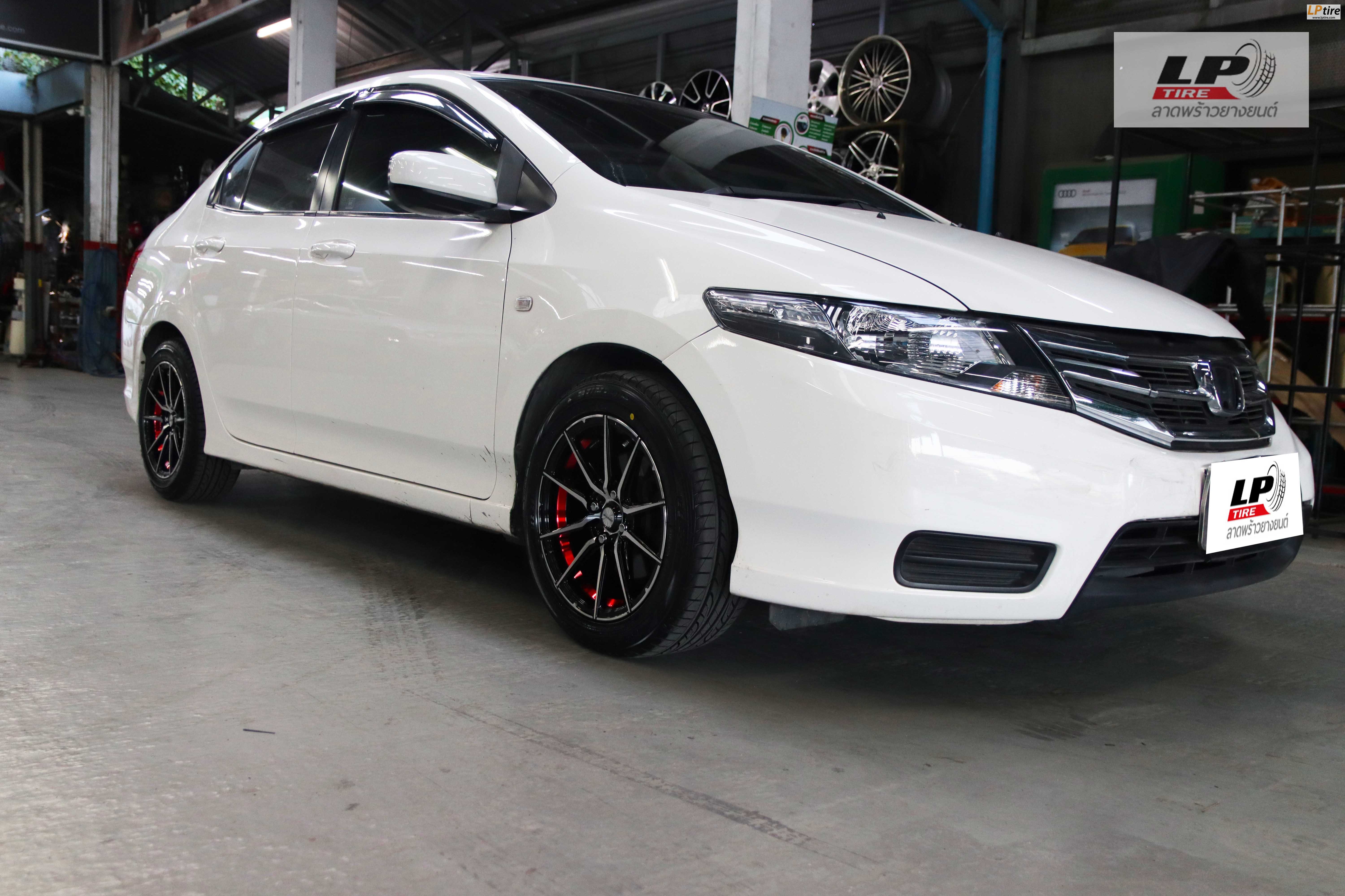 HONDA CITY จัดแม็กโปรมัช  AJ INFERNO 0868 15x7 ET38 4x100 ดำหน้าเงาอันเดอร์คัตแดง พร้อมยาง DUNLOP LM704 195/55-15