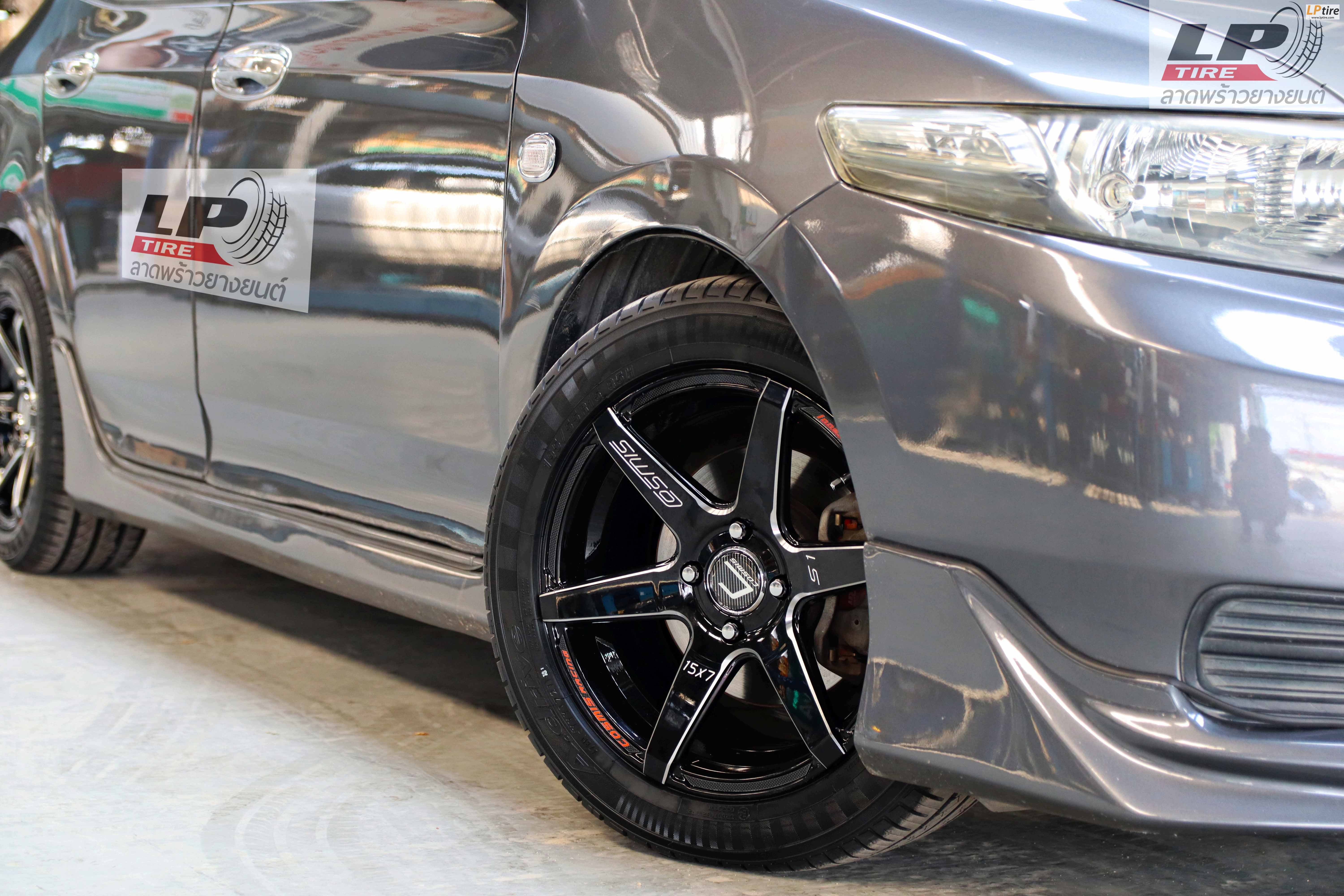 รถ - HONDA CITY ล้อแม็ก - COSMIS INNERLINE.S1 สีดำมิงริ่งก้านเงิน สเปค - 15x7.0 4x100 ET30 รัดยาง - YOKOHAMA A-Drive AA01 เบอร์ - 195/55R15