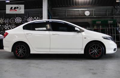 HONDA CITY จัดแม็กโปรมัช  AJ INFERNO 0868 15x7 ET38 4x100 ดำหน้าเงาอันเดอร์คัตแดง พร้อมยาง DUNLOP LM704 195/55-15