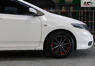 HONDA CITY จัดแม็กโปรมัช  AJ INFERNO 0868 15x7 ET38 4x100 ดำหน้าเงาอันเดอร์คัตแดง พร้อมยาง DUNLOP LM704 195/55-15