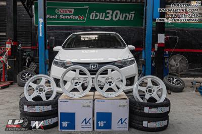 รถ - HONDA JAZZ ล้อแม็ก - NK Performance NK388 (SPOON) Flowforming ขาว สเปค - 16x7 ET35 4x100 ยาง - YOKOHAMA ES32 เบอร์ - 195/50-16