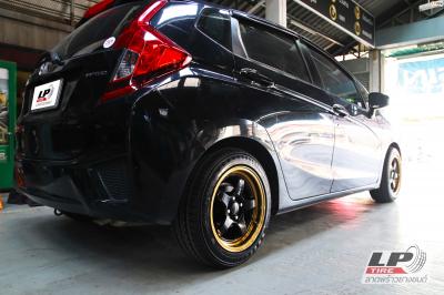 #HONDA#JAZZ จัดล้อแม็ก #LENSO ProjectD #D1SE 15x7.5 ET35 4x100 #ดำเงาขอบทอง พร้อมยาง YOKOHAMA A-DRIVE AA01 195/55-15 สวยงามลงตัว