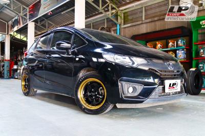 #HONDA#JAZZ จัดล้อแม็ก #LENSO ProjectD #D1SE 15x7.5 ET35 4x100 #ดำเงาขอบทอง พร้อมยาง YOKOHAMA A-DRIVE AA01 195/55-15 สวยงามลงตัว