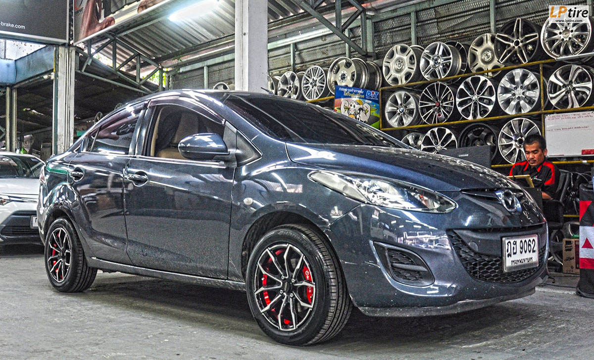 Mazda 2 +  ล้อแม็ก INFERNO 0847 15นิ้ว สีดำหน้าเงาอันเดอร์คัตแดง + HANKOOK H308 195/55-15