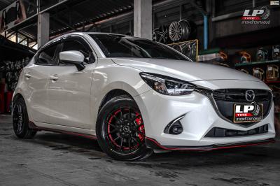 รถ - MAZDA 2 ล้อแม็ก - ENKEI SC40 ดำด้านอัดเดอร์คัตแดง สเปค - 15x7 ET35 4x100 รัดยาง -YOKOHAMA AE51 เบอร์ - 195/60-15