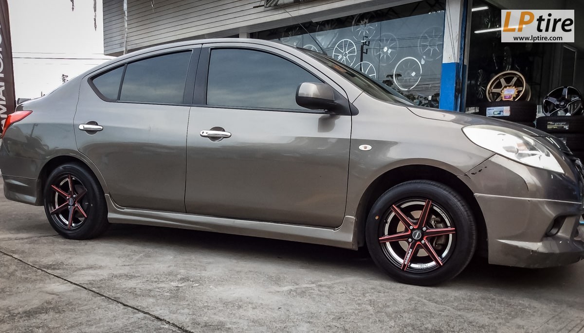 NISSAN ALMERA + แม็ก INFRNO AJ INF-8RR ขอบ 15นิ้ว สีดำขลิปแดง + ยางรถยนต์ HANKOOK V2 H457 195/55-15