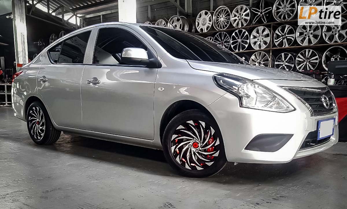 NISSAN ALMERA + แม็ก MGW-1258.1 ขอบ 15นิ้ว สีดำหน้าเงาอันเดอร์คัตแดง + ยางรถยนต์ SAILUN ELITE 195/55-15