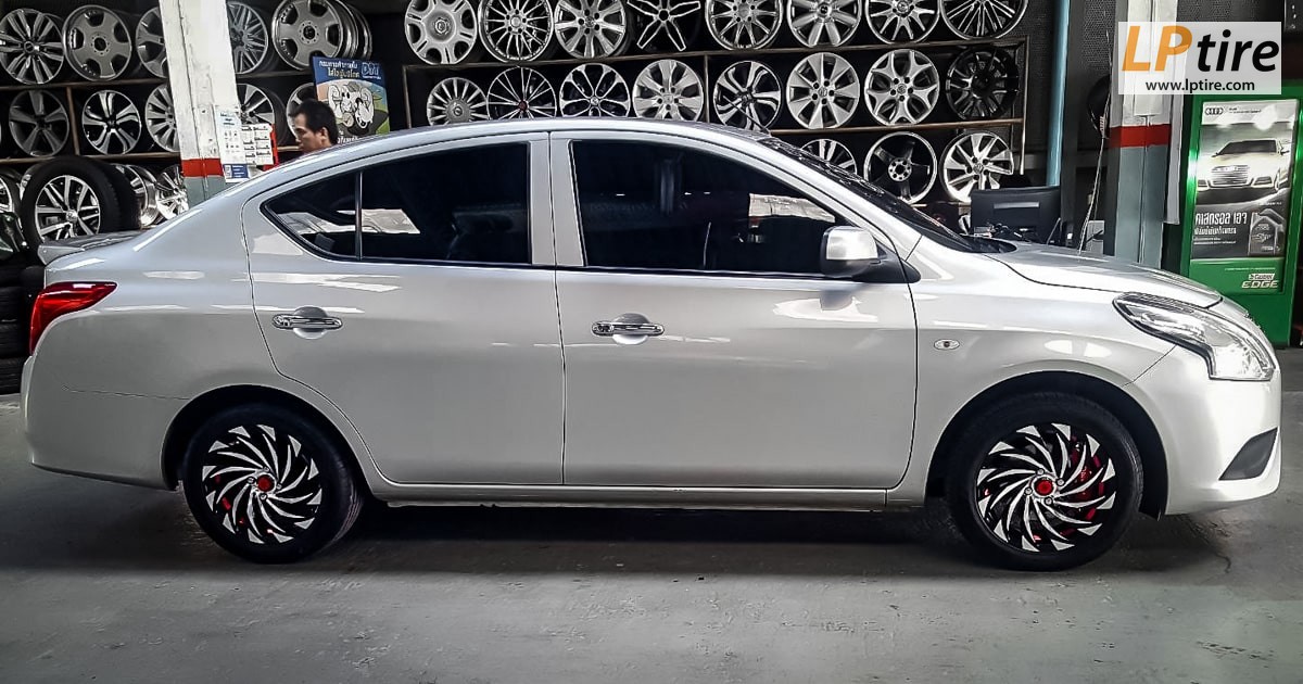 NISSAN ALMERA + แม็ก MGW-1258.1 ขอบ 15นิ้ว สีดำหน้าเงาอันเดอร์คัตแดง + ยางรถยนต์ SAILUN ELITE 195/55-15