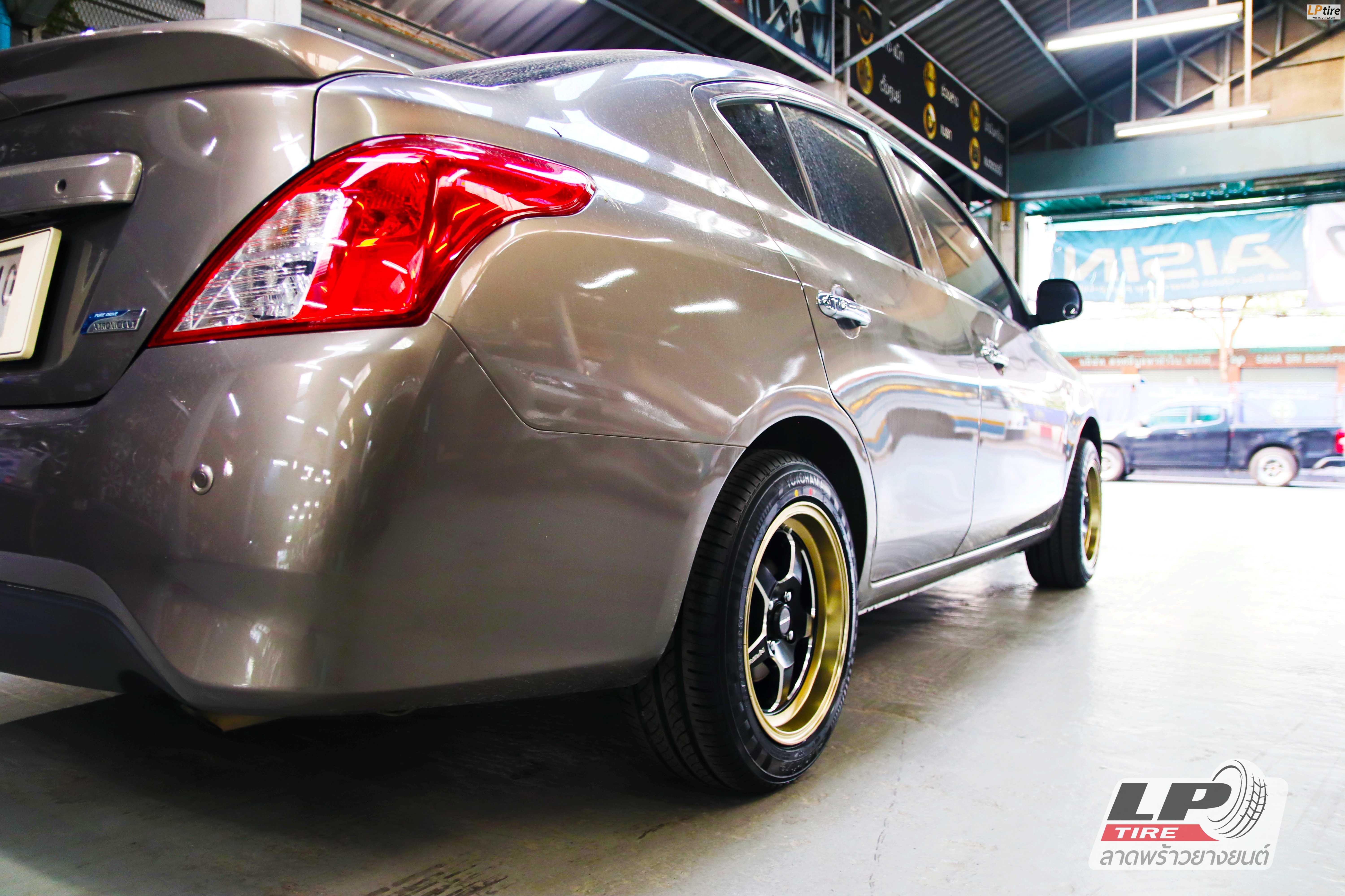 #NISSAN#ALMERA จัดแม็กโปรโมชั่น ล้อแม็ก AJ #INFERNO #099 15x7 ET35 4x100 #ดำขลิปเงินขอบทอง คู่ยาง YOKOHAMA A-DRIVE AA01 195/55-15 พร้อมเปลื่ยน #ช่วงล่าง