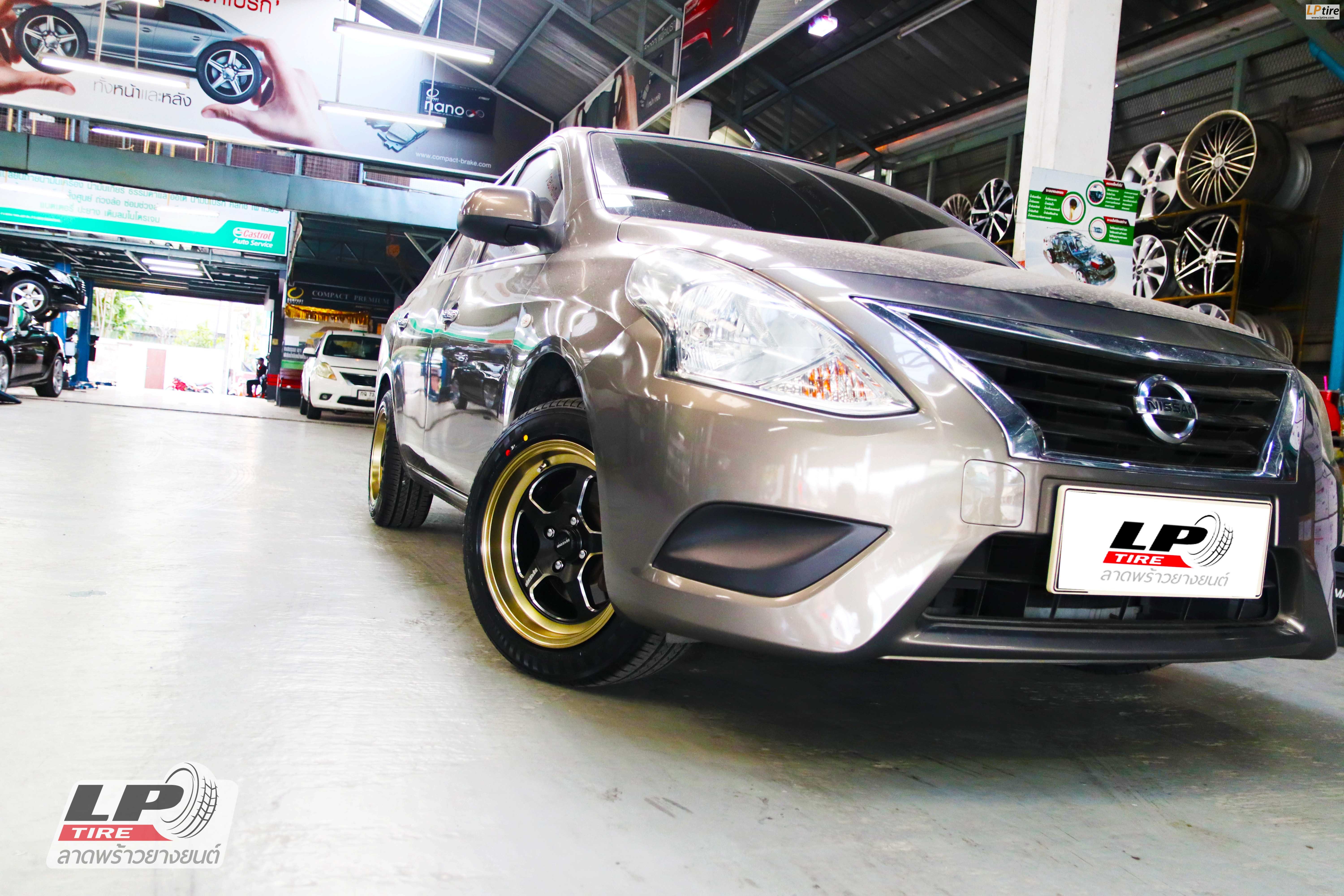 #NISSAN#ALMERA จัดแม็กโปรโมชั่น ล้อแม็ก AJ #INFERNO #099 15x7 ET35 4x100 #ดำขลิปเงินขอบทอง คู่ยาง YOKOHAMA A-DRIVE AA01 195/55-15 พร้อมเปลื่ยน #ช่วงล่าง