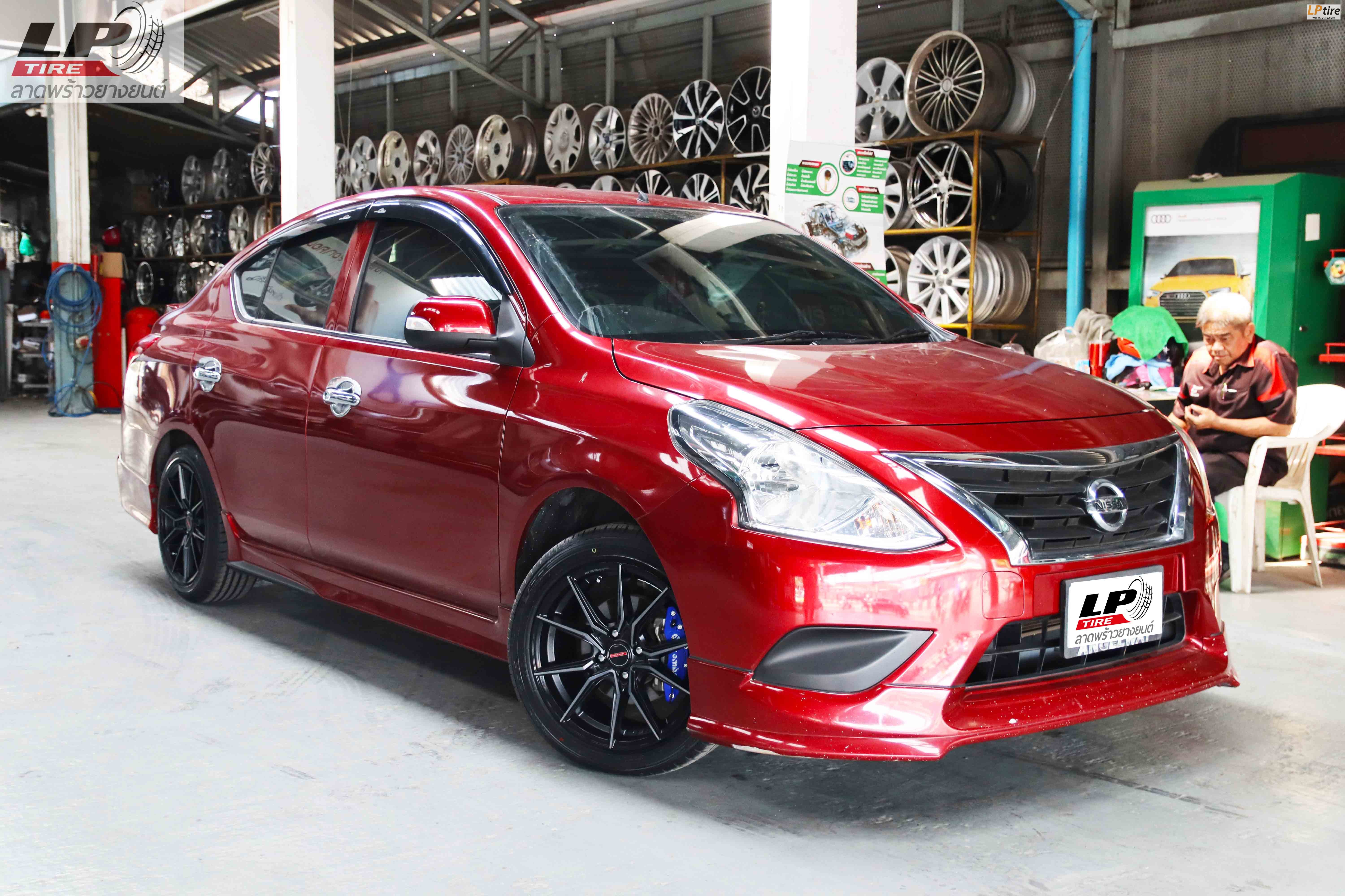 #NISSAN#ALMERA จัดแม็ก #LENSO JAGER-JAVA 16x7 ET38 4x100 #ดำหน้าเงา พร้อมยางยนต์ MAXXIS HP5 195/50-16 ปี20 + ฝาครอบ BREMBO สีน้ำเงิน สวยลงตัว