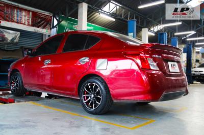 NISSAN ALMERA จัดล้อแม็ก AJ INFERNO INFERNO 0847 15x7 ET33 4x100 ดำหน้าเงาอันเดอร์คัตแดง คู่ยาง YOKOHAMA A-DRIVE AA01 195/55-15 แม็กโปรมัชชัน