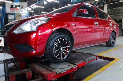 NISSAN ALMERA จัดล้อแม็ก AJ INFERNO INFERNO 0847 15x7 ET33 4x100 ดำหน้าเงาอันเดอร์คัตแดง คู่ยาง YOKOHAMA A-DRIVE AA01 195/55-15 แม็กโปรมัชชัน