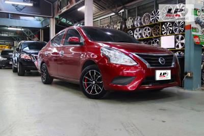 NISSAN ALMERA จัดล้อแม็ก AJ INFERNO INFERNO 0847 15x7 ET33 4x100 ดำหน้าเงาอันเดอร์คัตแดง คู่ยาง YOKOHAMA A-DRIVE AA01 195/55-15 แม็กโปรมัชชัน