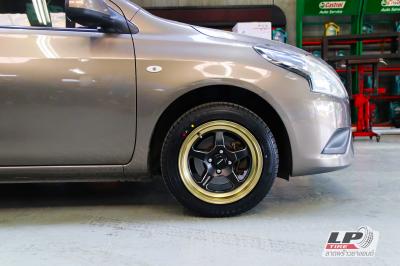 #NISSAN#ALMERA จัดแม็กโปรโมชั่น ล้อแม็ก AJ #INFERNO #099 15x7 ET35 4x100 #ดำขลิปเงินขอบทอง คู่ยาง YOKOHAMA A-DRIVE AA01 195/55-15 พร้อมเปลื่ยน #ช่วงล่าง