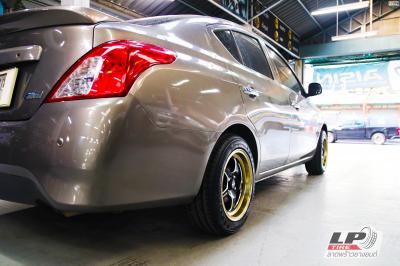 #NISSAN#ALMERA จัดแม็กโปรโมชั่น ล้อแม็ก AJ #INFERNO #099 15x7 ET35 4x100 #ดำขลิปเงินขอบทอง คู่ยาง YOKOHAMA A-DRIVE AA01 195/55-15 พร้อมเปลื่ยน #ช่วงล่าง