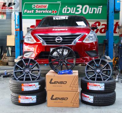 #NISSAN#ALMERA จัดแม็ก #LENSO JAGER-JAVA 16x7 ET38 4x100 #ดำหน้าเงา พร้อมยางยนต์ MAXXIS HP5 195/50-16 ปี20 + ฝาครอบ BREMBO สีน้ำเงิน สวยลงตัว