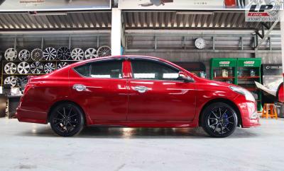 #NISSAN#ALMERA จัดแม็ก #LENSO JAGER-JAVA 16x7 ET38 4x100 #ดำหน้าเงา พร้อมยางยนต์ MAXXIS HP5 195/50-16 ปี20 + ฝาครอบ BREMBO สีน้ำเงิน สวยลงตัว