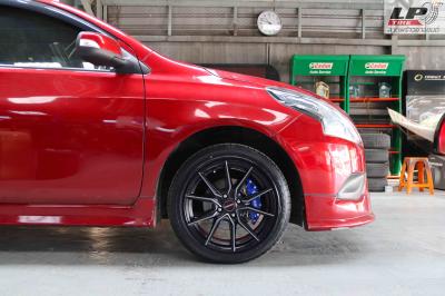 #NISSAN#ALMERA จัดแม็ก #LENSO JAGER-JAVA 16x7 ET38 4x100 #ดำหน้าเงา พร้อมยางยนต์ MAXXIS HP5 195/50-16 ปี20 + ฝาครอบ BREMBO สีน้ำเงิน สวยลงตัว