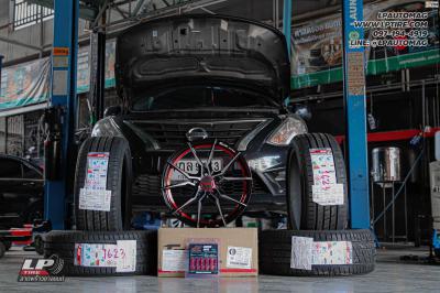 รถ - NISSAN ALMERA ล้อแม็ก - TORQ SUN ดำหน้าเงาอันเดอร์คัตแดง สเปค -17x7 ET35 4x100 ยาง - LENSO D-1CS เบอร์ - 215/45-17