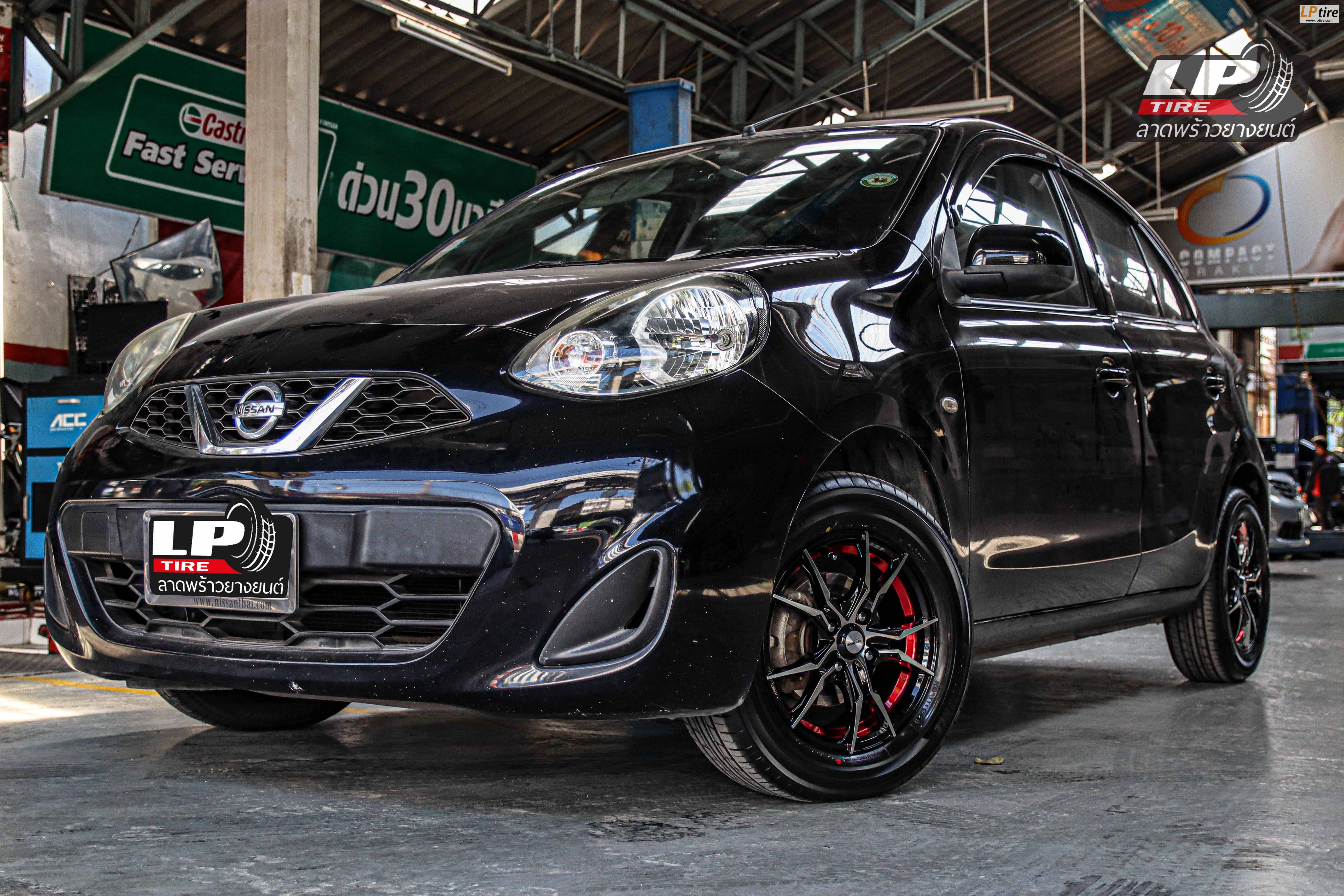 รถ - NISSAN MARCH IV (K13) ล้อแม็ก - INFERNO 7114 ดำหน้าเงาอันเดอร์คัตแดง สเปค -14x5.5 ET35 4x100 รัดยาง -ยางเดิม เบอร์ -