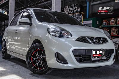 รถ - NISSAN MARCH ล้อแม็ก - INFORGED S005 ดำหน้าเงาอันเดอร์คัตแดง สเปค - 15x7 ET38 4x100 รัดยาง - FALKEN ZE914 เบอร์- 195/55-15