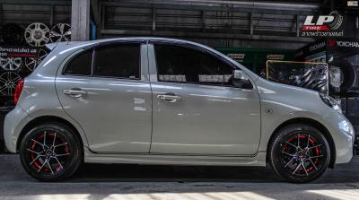 รถ - NISSAN MARCH ล้อแม็ก - INFORGED S005 ดำหน้าเงาอันเดอร์คัตแดง สเปค - 15x7 ET38 4x100 รัดยาง - FALKEN ZE914 เบอร์- 195/55-15