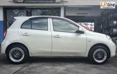 NISSAN MARCH + แม็ก KONIG SJ-45 แท้ ขอบ 15นิ้ว สีเทากันขอบเงา + ยางรถยนต์ ALLIANCE 030Ex MADE IN JAPAN 195/55-15