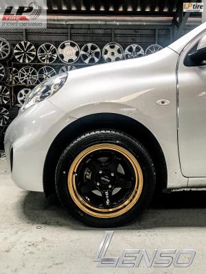 #NISSAN#MARCH จัด #ล้อแท้#LENSO#ProjectD D1SE ขอบ15x7 ET35 4x100 สีดำเงาขอบทอง พร้อมยาง #YOKOHAMA A-DRIVE AA01 195/50-15 สวยงามมากครับ