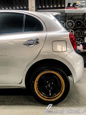 #NISSAN#MARCH จัด #ล้อแท้#LENSO#ProjectD D1SE ขอบ15x7 ET35 4x100 สีดำเงาขอบทอง พร้อมยาง #YOKOHAMA A-DRIVE AA01 195/50-15 สวยงามมากครับ