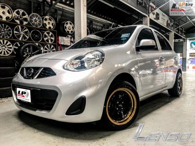 #NISSAN#MARCH จัด #ล้อแท้#LENSO#ProjectD D1SE ขอบ15x7 ET35 4x100 สีดำเงาขอบทอง พร้อมยาง #YOKOHAMA A-DRIVE AA01 195/50-15 สวยงามมากครับ