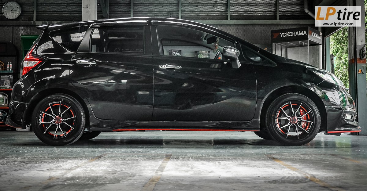 Nissan Note + ล้อแม็ก TORQ SUN-F 15นิ้ว สีดำหน้าเงาอันเดอร์คัตแดง + ยางรถยนต์ DEESTONE R702 195/55-15