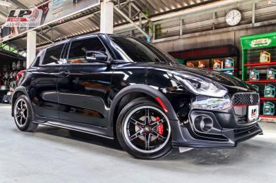 SUZUKI SWIFT จัดล้อแม็ก #LENSO JAGER HUNTER 16x7 ET40 4x100 #ดำมิลลิ่งเงินขอบเงา + น็อตแม็กแดง +ฝาครอบ BREMBO สีแดง