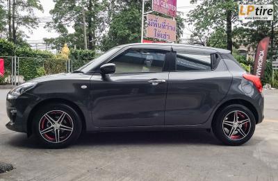 SUZUKI SWIFT + แม็กลาย TCK 55357G ขอบ 15นิ้ว สีดำหน้าเงาอันเดอร์คัตแดง