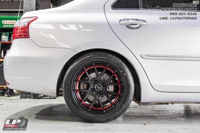 รถ - TOYOTA VIOS ล้อแม็ก - ENKEI SC40 ดำด้านอัดเดอร์คัตแดง สเปค - 15x7 ET35 4x100 รัดยาง - BRIDGESTONE RE005 เบอร์ - 195/55-15