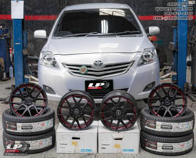 รถ - TOYOTA VIOS ล้อแม็ก - ENKEI SC40 ดำด้านอัดเดอร์คัตแดง สเปค - 15x7 ET35 4x100 รัดยาง - BRIDGESTONE RE005 เบอร์ - 195/55-15