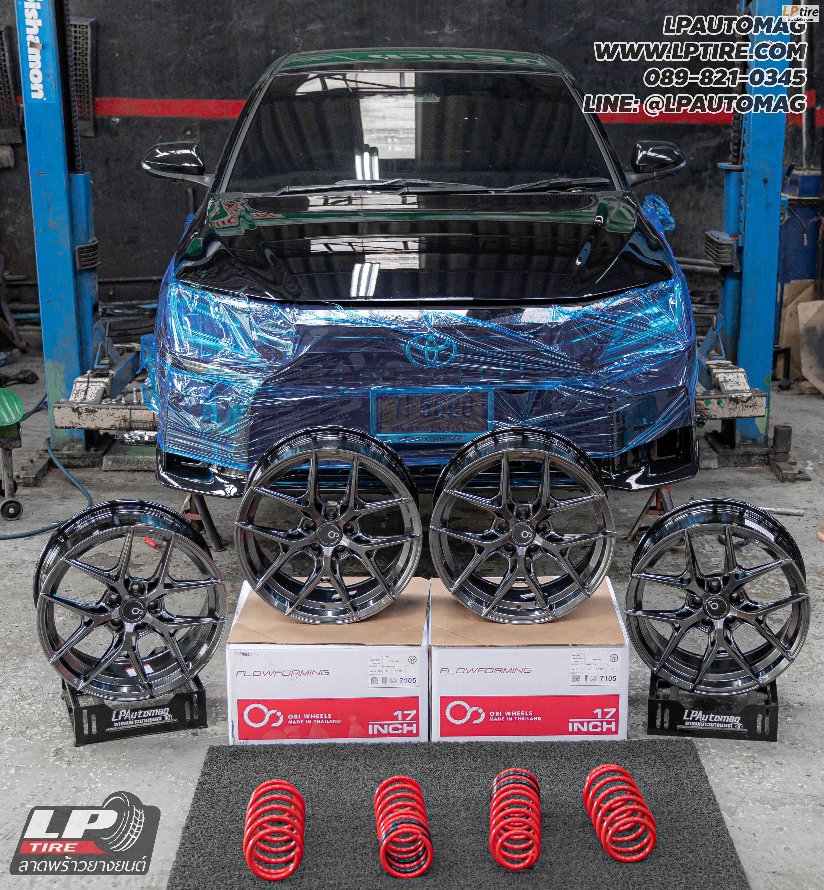 รถ - TOYOTA YARIS ATIV ล้อแม็ก - ORI WHEELS CHAPTER-4 FlowForming V-DARK สเปค - 17x8 ET35 5x100 ใช้ยางเดิม สปริงโหลด - YSS PERFORMANCE SPRING RED