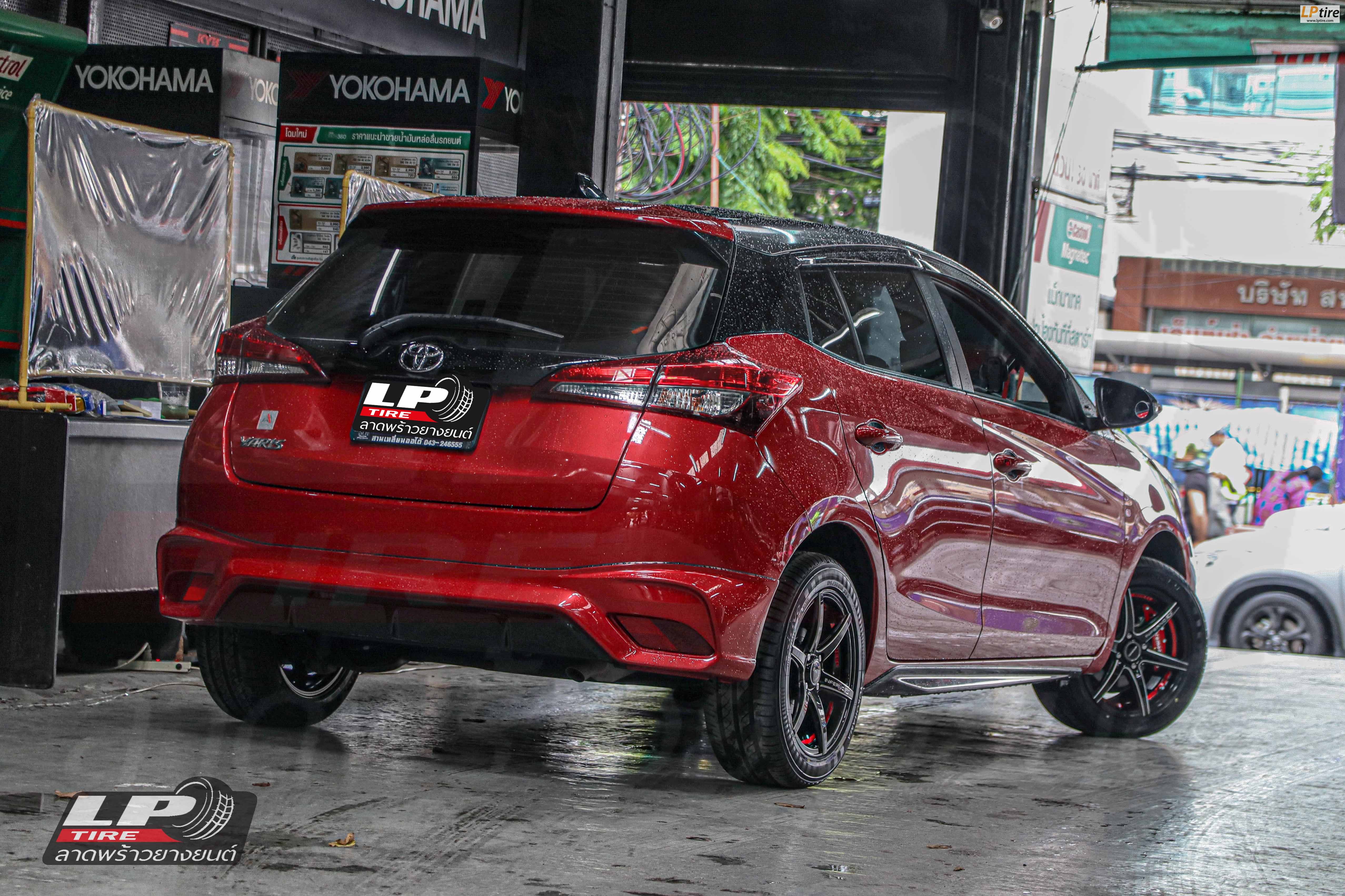 รถ -TOYOTA YARIS ล้อแม็ก - INFERNO INF-8R RS (คัทแดง) ดำอันเดอร์คัตแดงก้านเงิน ขอบ - 15x7 ET35 4x100 ยาง - YOKOHAMA A-DRIVE AA01 เบอร์ - 195/55-15