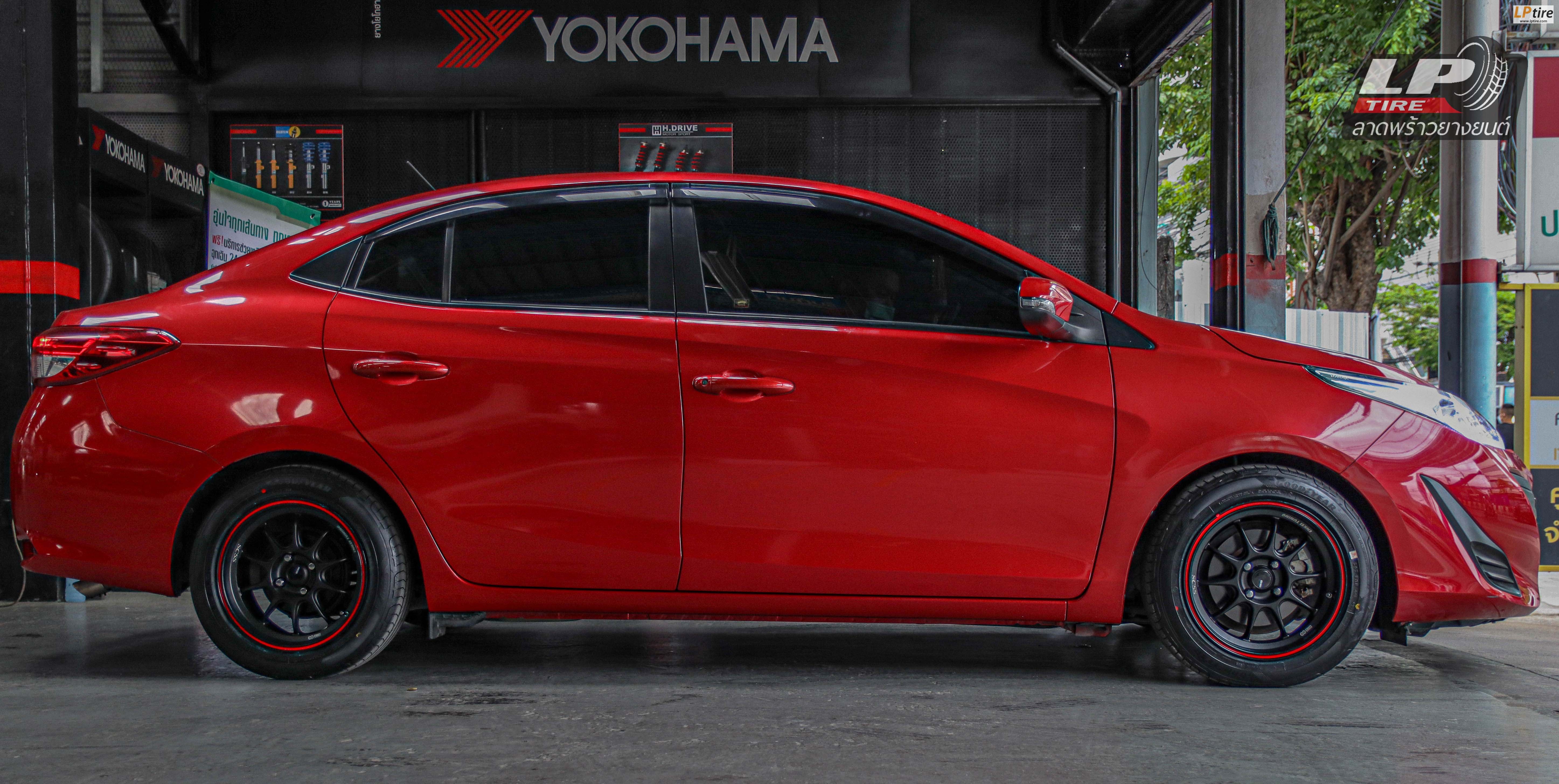 รถ - TOYOTA YARIS ล้อแม็ก - ENKEI SC55 ดำขอบแดง ขอบ - 15x7 ET28 4x100 ยาง - GOODYEAR EAGLE F1 เบอร์ - 195/55 R15 สปริงโหลด - YSS Performance